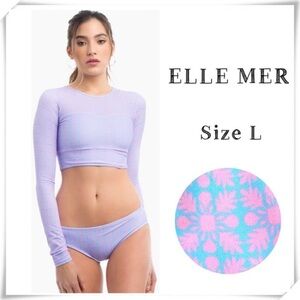 ELLE Mer Mcc Hipster Full Bikini Crop Top Rash Guard Blue with Pink Size L